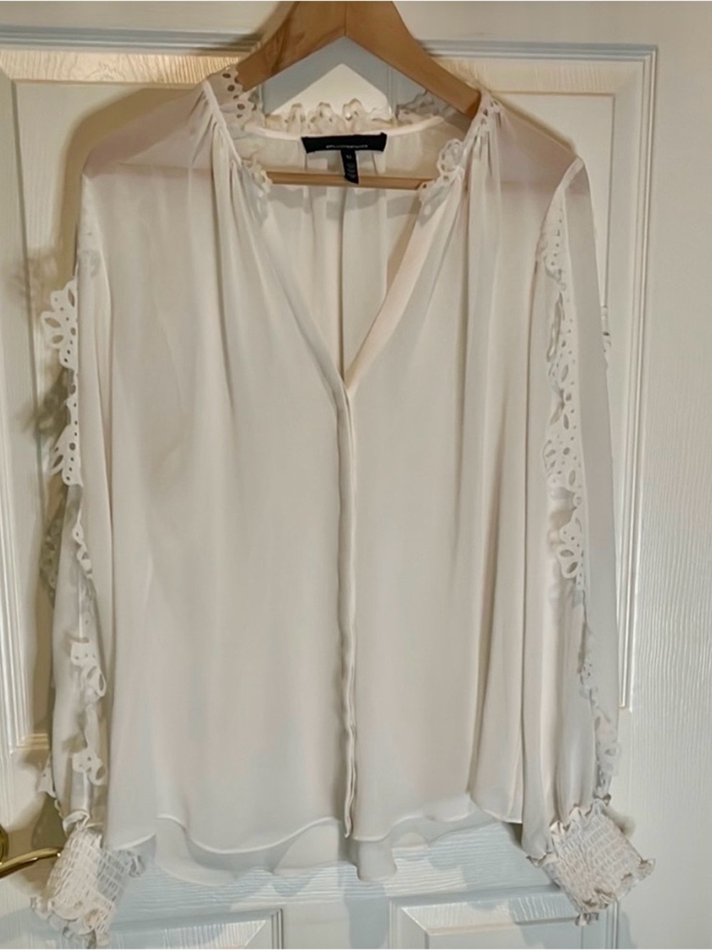 WHBM Sheer Cream Long Sleeve Ruffled Blouse, coquette, sweet